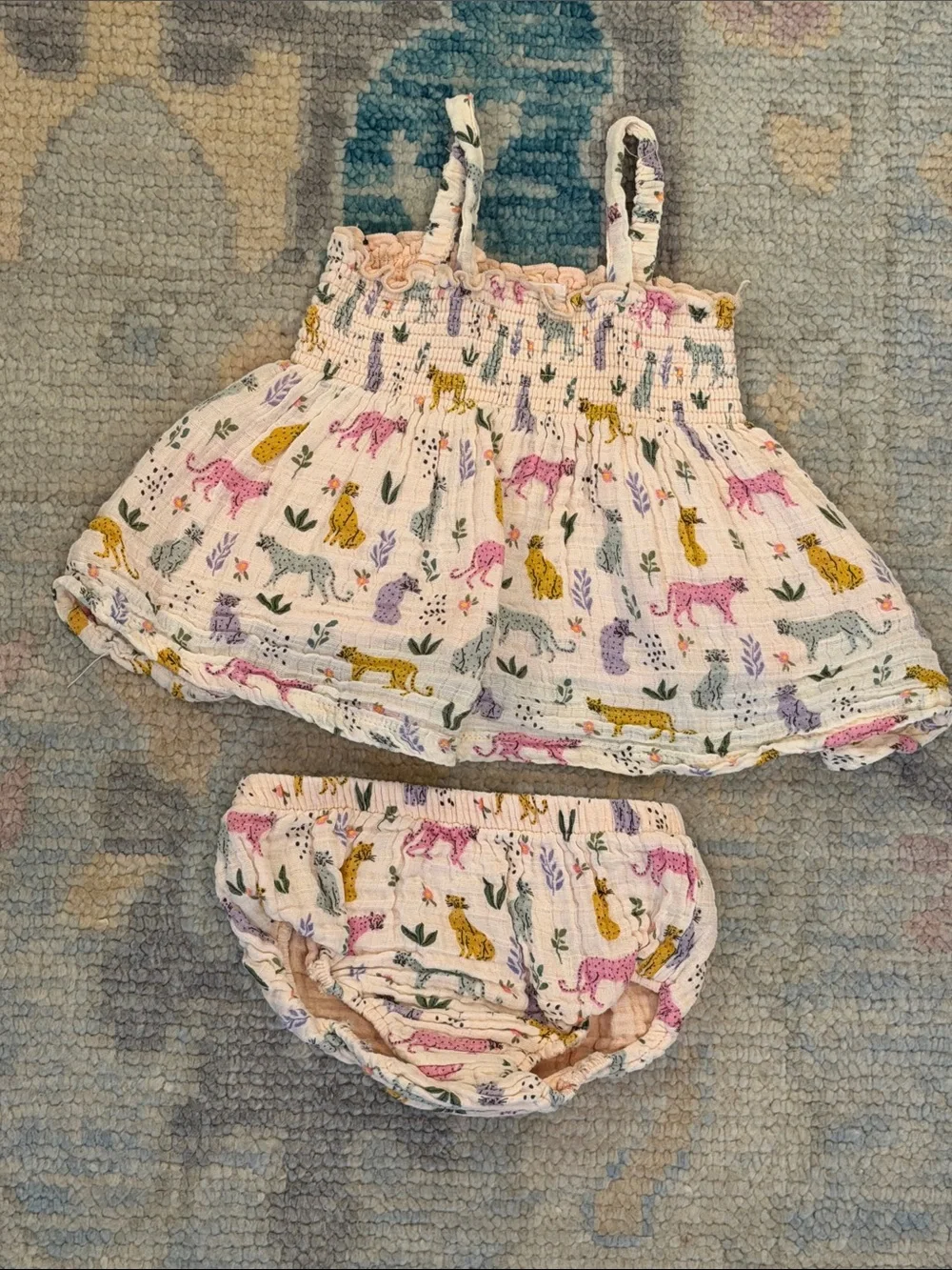 Girls' White Smocked Tank Dress & Bloomers Set with Pastel Safari Leopard Print